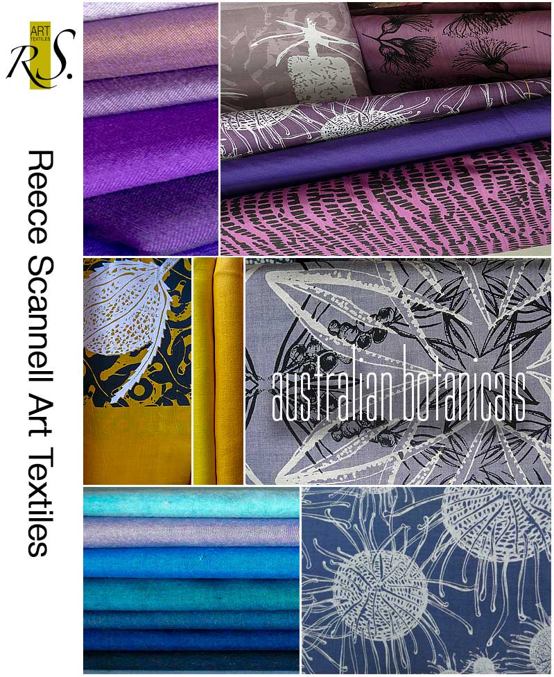 Hand Printed Textiles in Blue, Purple and Yellow Tones.