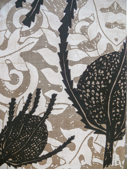 Black Banksia Print on Brown Shot Cotton