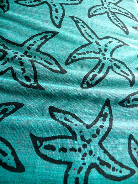 Black Star Fish Print on Green Shot Cotton