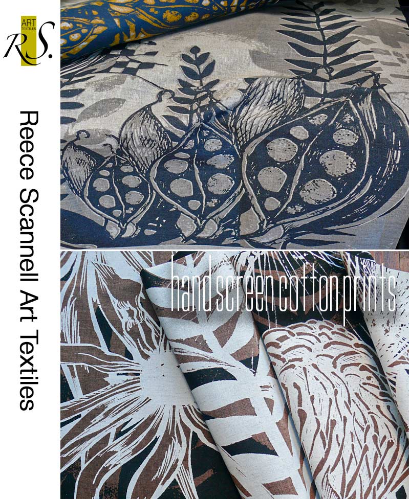 Hand Printed Australian Botanicals Design on Shot Cotton in Neutrals and Browns Tones.
