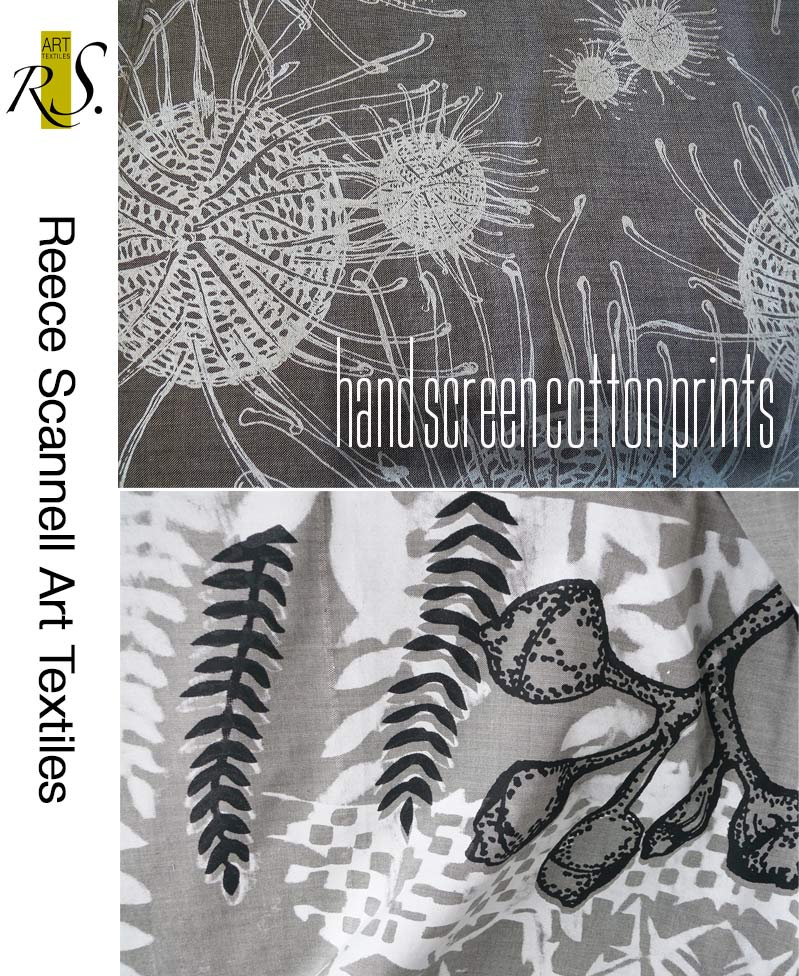 Promo Banner of Hand Printed Australian Botanicals and Abstract Design on Shot Cotton and Slub Cotton in Neutrals  Tones